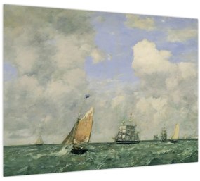 Üveg kép - Eugène Boudin, Ships and Sailing Boats Leaving Le Havre, reprodukciók (70x50 cm)