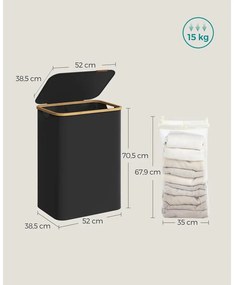 SONGMICS szennyeskosár fedéllel 130L, 2 rekeszes nagyméretű szennyes tartó, fekete