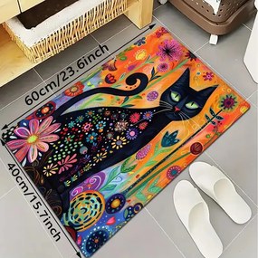 Fürdőszobaszőnyeg fekete macska 60x40 cm színes virágos ajándék cicáknak