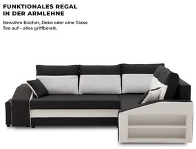 Grande sarokkanapé polcokkal és puffokkal , polc a jobb karfaban puffok a bal karfaban, jobboldali, szövet anyag, bonell töltet, fekete - fehér