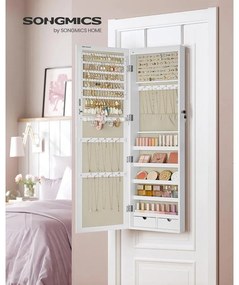 Ékszerszekrény falra szerelhető, zárható tároló tükörrel és több rekesszel – fehér/bézs