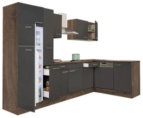 Yorki 310 sarok konyhabútor yorki tölgy korpusz,selyemfényű antracit fronttal felülfagyasztós hűtős szekrénnyel