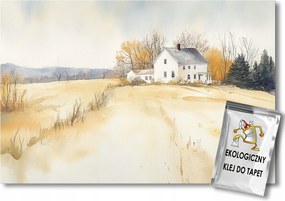 Fotótapéta Flizelina Tájkép Falu Mező Fehér Ház Kunyhó Ősz 150x105 ragasztó