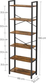 Könyvespolc, álló polc, 6 szintes, rusztikus barna 66x30x186cm