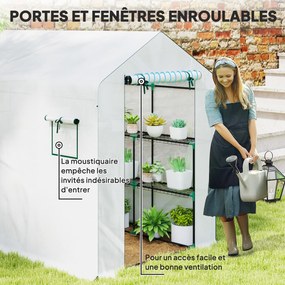 Outsunny Kerti Üvegház 3 Polcos, Kültéri Üvegház 135gsm UV-álló Erősített Borítással, Acél Vázszerkezettel, Felhúzható Cipzáras Ajtókkal és Hálós Abla