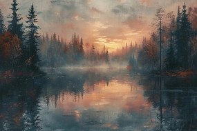 Canvas Vászonkép Tájkép Fák Tó Köd Nyugat Este 60x40