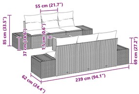 7 Részes Kerti Kanapé Szett Párnákkal Szürke Poli Rattan Akáciából