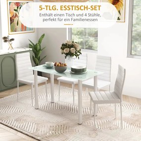 HOMCOM Étkezőgarnitúra, étkezőasztal 4 székkel, modern design, üvegasztal, fehér