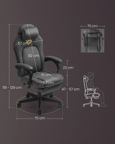 Ergonomikus gamer szék lábtartóval, állítható, galambszürke párnával