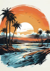 Naplemente pálmafákkal poszter - 60x80 cm, Ezüst paszpartuval