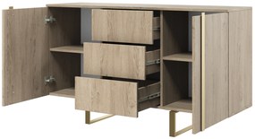 Verica 150 cm-es komód három fiókkal - szivacsos-tölgy / arany lábak
