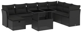 9 részes fekete polyrattan kerti ülőgarnitúra párnákkal