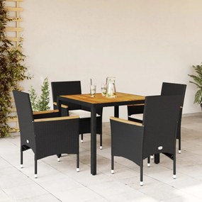 vidaXL5részes fekete polyrattan/akácfa kerti étkezőgarnitúra párnákkal