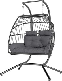 Outsunny Függőszék Összecsukható Állvánnyal, Függő Kosár Párnával, Poly Rattan Ergonomikus Hintaágy 2 Személynek, Kültéri Függőszék, Terhelhetőség 260