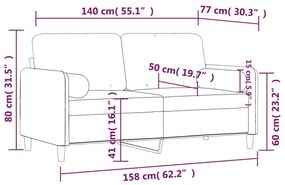 2 személyes krémszínű bársony kanapé díszpárnákkal 140 cm