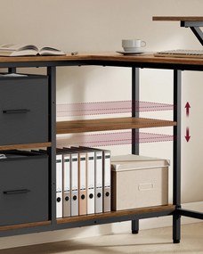 L-alakú íróasztal 2 tágas fiókkal,  állítható tárolópolccal, rusztikus barna