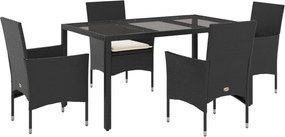vidaXL 5 részes fekete polyrattan/üveg kerti étkezőgarnitúra párnákkal