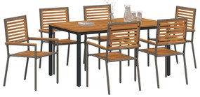 7 darabos Kerti Étkezőszett Szürke Poli Rattan Akácia, Összecsukható Kerti Székek párnázattal 2 db Szürke Poli Rattan, Kerti Asztal 150x90x75 cm Szilárd Akácia Fa és Fém