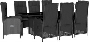 vidaXL 9 részes fekete polyrattan kerti étkezőgarnitúra párnákkal