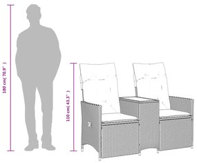 2 személyes fekete polyrattan dönthető kerti kanapé asztallal