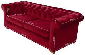 Oxford Chesterfield Kihúzható Kanapé, 88x216x75 cm, 3 személyes, piros