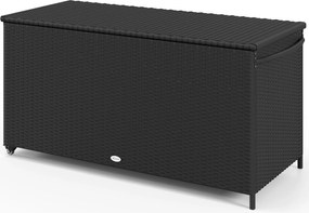 Outsunny Kerti Tárolódoboz PE Rattanból, Kültéri Tároló Pad Kerekekkel, Pneumatikus Piston és Oldalsó Fogantyú, 121x57x67cm, Fekete | Aosom