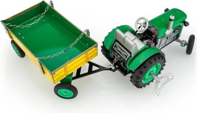 KOVAP kulccsal felhúzható traktor platós pótkocsival, zöld/sárga