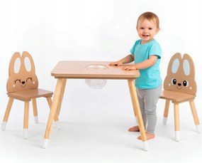 Fa asztal tárolóval és 2 etetőszékkel Gyerek szett Bájos nyuszi