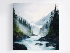 Poszter Tájkép Hegyek Erdő Fák Folyó Köd 80x80