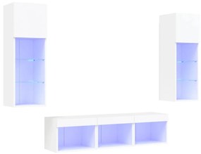 5 darab fehér szerelt fa fali TV-bútor LED-del