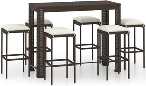 vidaXL 7 részes barna polyrattan kerti bárszett párnákkal