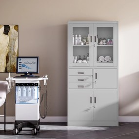 Fém iratszekrény széffel, vitrinnel és fiókokkal FILIP, 900 x 1850 x 400 mm, szürke