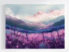 Poszter Tájkép Hajnal Hegyek Rét Virágok Köd 80x60