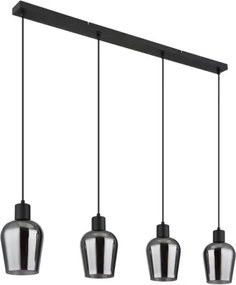 Globo 15627-4 Függeszték fém fekete matt, füstszínű üveg, fekete PVC kábel, magassága lerövidíthető, HxSzxM: 1035x135x1500mm, 4x E27 40W 230V izzók nélkül