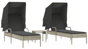2 db világosszürke polyrattan napozóágy tetővel és asztallal