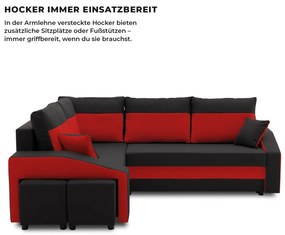 Grande sarokkanapé polcokkal és puffokkal , polc a jobb karfaban puffok a bal karfaban, baloldali, szövet anyag, bonell töltet, fekete - piros