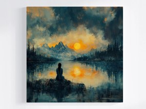 Poszter Tájkép Hegyek Tó Nap Figura Meditáció 80x80
