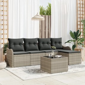 6 darabos kerti kanapé szett párnákkal, szürke poli rattan, 2 személyes kerti kanapé párnákkal, világosszürke poli rattan