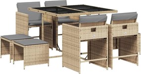 vidaXL 9 részes vegyes bézs polyrattan kerti étkezőgarnitúra párnákkal
