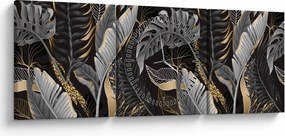 Kép - Trópusi levelek fekete és arany színben (órával) (90x30 cm)