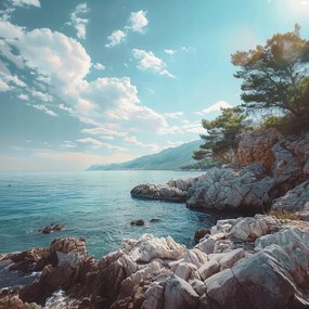 Vászonkép Canvas Tájkép Tengerpart Sziklák Tenger Hegyek 80x80