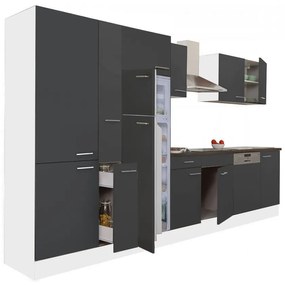 Yorki 370 konyhabútor fehér korpusz,selyemfényű antracit fronttal polcos szekrénnyel és felülfagyasztós hűtős szekrénnyel