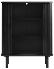 Fekete szekrény tolóajtóval, tölgyfa dekorral 113x90 cm Cavo – Unique Furniture