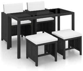 5-részes fekete polyrattan kültéri étkezőszett párnákkal