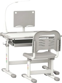 HOMCOM Gyermek Íróasztal és Szék Készlet 6 Éves Kortól, Magasságállítható Dőlt Asztali Lámpával, Fiókkal és Könyvespolccal, Szürke | Aosom