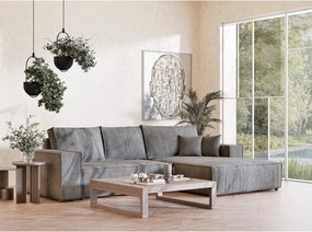 Szürke zsenília kinyitható-tárolóhelyes sarokkanapé (jobb oldali-heverő résszel) Maze – Maison de Rêve