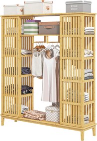 HOMCOM Bambusz Gardrób Ruházati Tároló 2 Csúszóajtóval, Nyitott Polcokkal és Akasztóval a Hálószobához, 145 x 35 x 165cm, Természetes Fa Befejezéssel