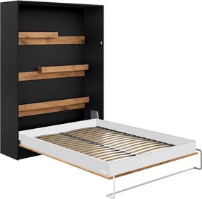 Modern összecsukható fali ágy 160x200 cm, függőleges - loft fekete / lancelot tölgy