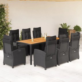 9 részes fekete polyrattan kerti étkezőgarnitúra párnákkal