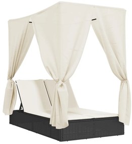 vidaXL fekete polyrattan dupla napozóágy tetővel és függönnyel